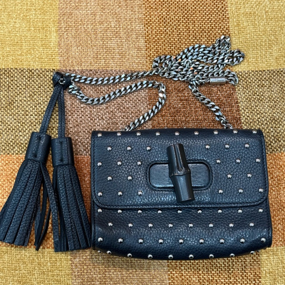 Gucci Small Studded Miss Bamboo Crossbody Black Calf Leather Bag